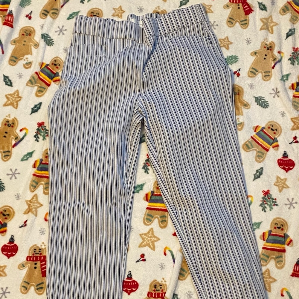 Blue and white stripe pants.